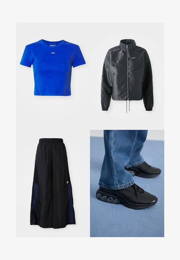Svart cropped jakke med høy krage, glidelåsåpning, elastiske mansjetter og en hvit Nike-logo. Glatt, shiny stoff med en lett teksturert overflate.; Blå kortermet t-skjorte laget av ribbet bomull. Har en rund hals og en liten hvit logo-merkelapp på brystet. Korte ermer.; Svarte vide bukser laget av lett stoff, med et marineblått sidestykke og elastisk midjebånd. Liten hvit logo nederst.; Svart treningssko med mesh-overdel, teksturerte detaljer og synlige luftputepoder i sålen. Bærer med blå denimjeans.