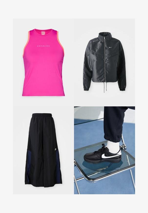 Mustat lyhyet takit, joissa on korkea kaulus, vetoketjukiinnitys, elastaanista valmistetut hihan suut ja valkoinen Nike-logo. Sileä, kiiltävä kangas, jossa on hieman tekstuuria.; Endless ESSENTIAL - Toppi - deep fucsia; Musta leveälahkeinen housu, joka on valmistettu kevyestä kankaasta. Housuissa on tummansininen sivupaneeli ja joustava vyötärö. Alhaalla on pieni valkoinen logo.; Mustat Nike-tennarit valkoisilla yksityiskohdilla, joissa on sileä nahkapinta, nauhakiinnitys ja pyöreä varvas, aseteltuna lasituolille.