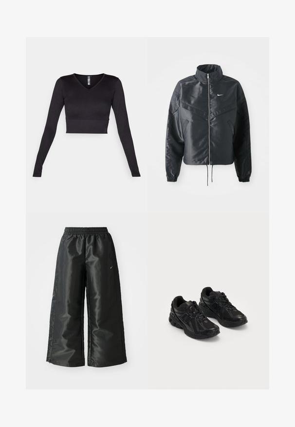 Juoda trumpa striukė su aukštu coloru, užtrauktuku, elastaniniu rankogaliu ir balta Nike logotipu. Lygus, blizgus audinys su šiek tiek tekstūruotu paviršiumi.; Juodas ilgas rankovės trumpas viršus su V formos iškirpte, pagamintas iš lygios medžiagos, su briaunotu apačiu ir aptemptu dizainu.; Juodi sportiniai džinsai su blizgia, lygaus audinio medžiaga, turintys elastingą juosmenį, plačias kojų dalis ir mažą logotipą kairėje pusėje.; Juodi sportiniai bateliai, pagaminti iš tinklinio ir sintetinio medžiagų. Su amortizuojančiu padu, tekstūriniais raštais ir iškilmingu prekės ženklu šone.