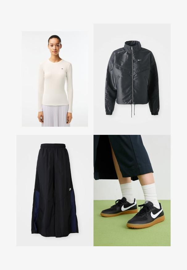 Zwarte cropped jack met hoge kraag, ritsluiting, elastische manchetten en een wit Nike-logo. Glad, glanzend materiaal met een licht gestructureerd oppervlak.; Witte lange mouwen top met een geribbelde textuur en ronde halslijn, met een klein groen logo aan de linkerzijde. Gladde stoffen afwerking.; Zwarte wijdlopende broek van lichtgewicht stof, met een marineblauwe zijpaneel en een elastische tailleband. Klein wit logo onderaan.; Zwarte leren en synthetische sneakers met witte Nike swoosh, rubberen gumzool, ronde neus en zwarte veters. Geribbelde witte sokken zichtbaar.