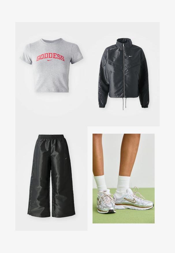 Melna apgriezta jaka ar augstu apkakli, rāvējslēdzēja aizdari, elastīna aprocēm un baltu Nike logo. Gluda, spīdīga auduma ar nedaudz teksturētu virsmu.; Pelēka īsa T-kreklota izstrādājuma, kas izgatavots no kokvilnas, priekšpusē ar sarkanu "GODDESS" grafiku un mazu Nike logotipu. Īsas piedurknes un apaļa kakla izgriezums.; Melnas sporta bikses ar spīdīgu, gludu audumu, aprīkotas ar elastīgu jostu, platām kājām un mazu logotipu kreisajā pusē.; Sudraba sporta apavi ar baltām un zelta akcentiem, ar sieta augšdaļu, gumijas zoli un atstarojošu apdari. Zeķes redzamas virs potītes.