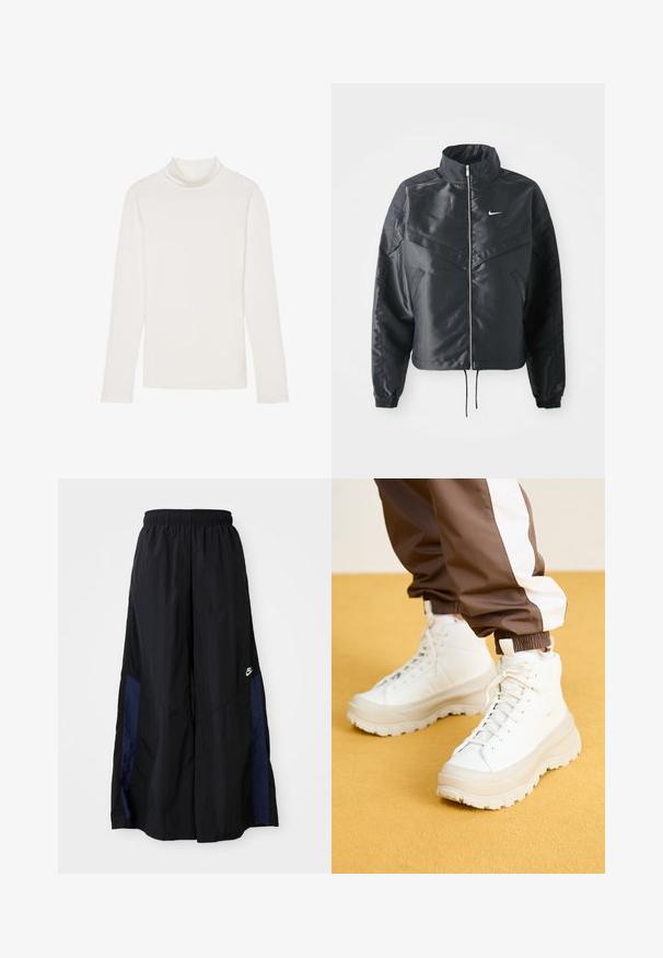 Svart cropped jakke med høy krage, glidelåsåpning, elastiske mansjetter og en hvit Nike-logo. Glatt, shiny stoff med en lett teksturert overflate.; Langermet turtleneck topp i hvit. Laget av et mykt, glatt stoff med en tettsittende silhuett og høy hals. Ingen synlige mønstre eller aksenter.; Svarte vide bukser laget av lett stoff, med et marineblått sidestykke og elastisk midjebånd. Liten hvit logo nederst.; Hvite høytoppsneakers med en tykk, teksturert såle, med en glatt øvre del, rund tå og tonede snøringer, satt mot en gul bakgrunn.