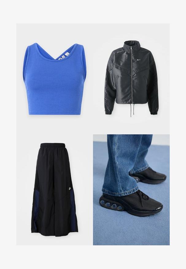 Giacca nera cropped con colletto alto, chiusura a zip, polsini in elastan e logo Nike bianco. Tessuto liscio e lucido con una superficie leggermente texturizzata.; Top corto blu realizzato in materiale testurizzato. Presenta un design a V e una scollatura senza maniche con una silhouette aderente.; Pantaloni neri a gamba larga realizzati in tessuto leggero, con un pannello laterale blu navy e una cintura elastica. Piccolo logo bianco sul fondo.; Scarpe da ginnastica nere con tomaia in rete, dettagli testurizzati e pod di ammortizzazione visibili nella suola. Indossate con jeans in denim blu.