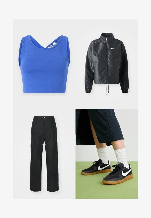Černá zkrácená bunda s vysokým límcem, zipovým zapínáním, elastickými manžetami a bílým logem Nike. Hladká, lesklá látka s mírně strukturovaným povrchem.; Modrý zkrácený top na ramínka vyrobený z texturovaného materiálu. Má výstřih do V a bezrukávový střih s přiléhavým siluetou.; Černé kalhoty s rovnými nohavicemi, vyrobené z strukturované tkaniny. Obsahují dekorativní stříbrné prvky a unikátní švy.; Černé kožené a syntetické tenisky s bílým logem Nike, gumovou podrážkou, kulatou špičkou a černými tkaničkami. Viditelné žebrované bílé ponožky.
