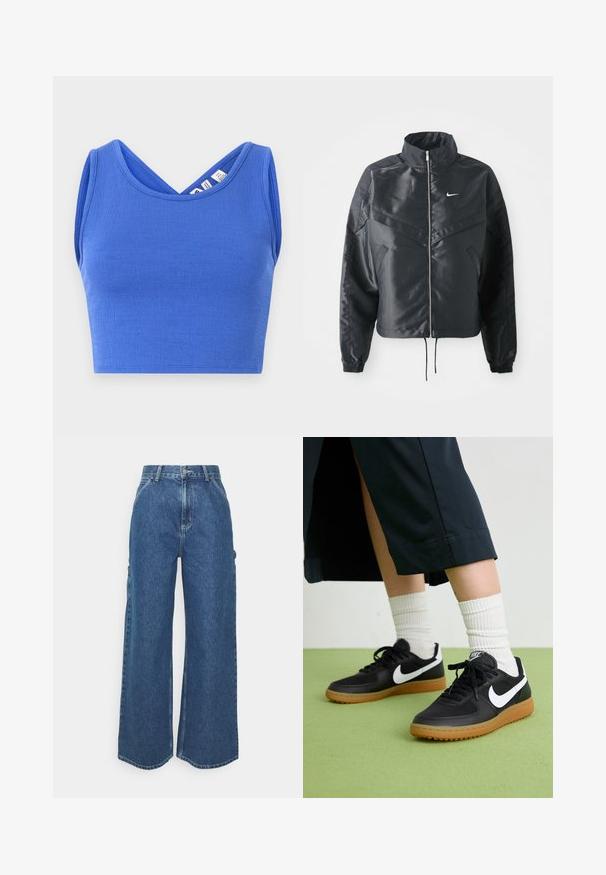 Schwarze, verkürzte Jacke mit hohem Kragen, Reißverschluss, Elastan-Ärmeln und einem weißen Nike-Logo. Glattes, glänzendes Material mit leicht strukturiertem Oberflächeneffekt.; Blaues, kurzes Tanktop aus strukturiertem Material. Verfügt über ein V-Ausschnitt-Design und ärmellosen Schnitt mit einer taillierten Silhouette.; Weite blaue Denim-Hosen mit hoher Taille, kontrastierenden Nähten und Seitentaschen, ausgestattet mit einem klassischen Five-Pocket-Design und rohen Säumen.; Schwarze Leder- und synthetische Sneakers mit weißem Nike-Swoosh, Gummisohle, runder Spitze und schwarzen Schnürsenkeln. Gestreifte weiße Socken sind sichtbar.