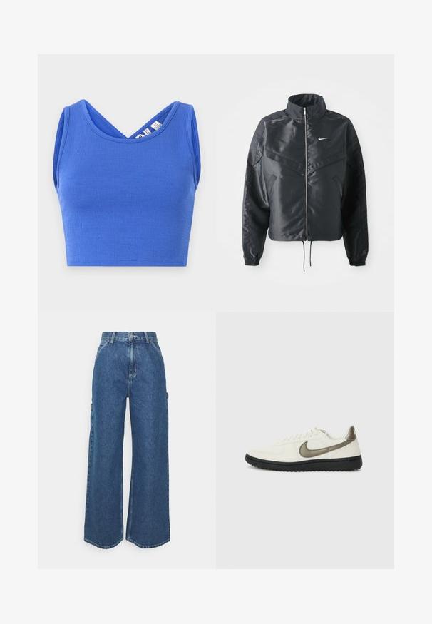 Črna skrajšana jakna z visokim ovratnikom, zadrgo, elastan rokavi in belim logotipom Nike. Gladek, sijoč material z rahlo teksturirano površino.; Modra skrajšana majica brez rokavov iz teksturiranega materiala. Ima V-izrez in prilegan kroj.; Široke modre denim hlače z visokim pasom, kontrastnim šivom in stranskimi žepi, ki vključujejo klasičen pet-džepni dizajn in robove brez obdelave.; Nike Sportswear FIELD GENERAL - Športni copati - off-white/black