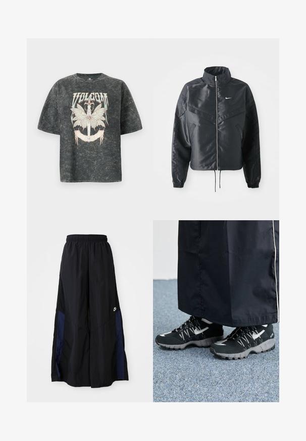 Mustat lyhyet takit, joissa on korkea kaulus, vetoketjukiinnitys, elastaanista valmistetut hihan suut ja valkoinen Nike-logo. Sileä, kiiltävä kangas, jossa on hieman tekstuuria.; Volcom VOLTRIP TEE - Printtipaita - vintage black; Musta leveälahkeinen housu, joka on valmistettu kevyestä kankaasta. Housuissa on tummansininen sivupaneeli ja joustava vyötärö. Alhaalla on pieni valkoinen logo.; Mustat urheilukengät, joissa on teksturoitu päällinen, hopeiset yksityiskohdat ja kuvioitu ulkopohja, yhdistettynä mustaan pitkään vaatteeseen. Taustalla sininen matto.