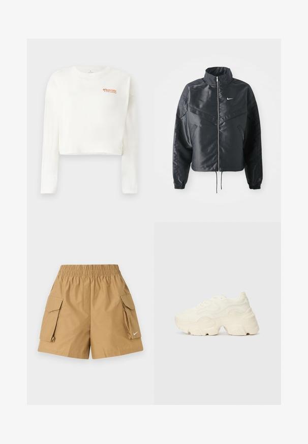 Veste noire courte avec col haut, fermeture éclair, poignets en élasthanne et logo Nike blanc. Tissu lisse et brillant avec une surface légèrement texturée.; T-shirt cropped à manches longues blanche en tissu doux, avec un logo orange sur la poitrine gauche et une coupe décontractée avec un ourlet droit.; Shorts cargo beiges avec taille élastique, deux poches latérales et un petit logo blanc. Fabriqués en tissu léger et texturé.; Baskets blanches chunky en maille texturée et matériaux synthétiques, avec une semelle épaisse et des détails en motif complexes sur les côtés.
