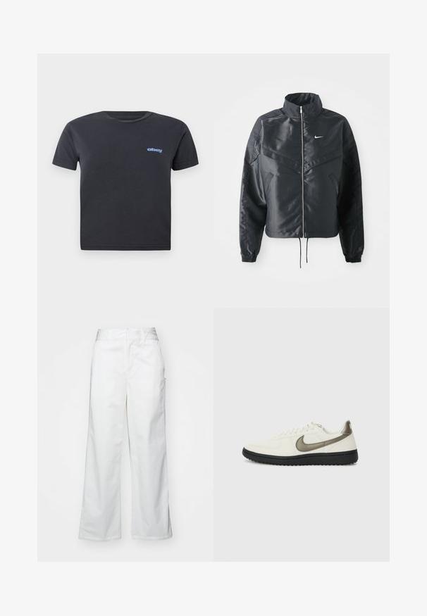 Juoda trumpa striukė su aukštu coloru, užtrauktuku, elastaniniu rankogaliu ir balta Nike logotipu. Lygus, blizgus audinys su šiek tiek tekstūruotu paviršiumi.; Juodas medvilninis marškinėlis su trumpomis rankovėmis, apvaliu kaklu, ant kairės krūtinės yra mėlyna "obey" logotipas. Lygus paviršius, standartinis pjūvis.; Balti plačios kojos kelnės, pagamintos iš medvilnės, turinčios lygią tekstūrą, tiesų siluetą, priekinės kišenės ir švarų apvado kraštą.; Nike Sportswear FIELD GENERAL - Sportbačiai - off-white/black