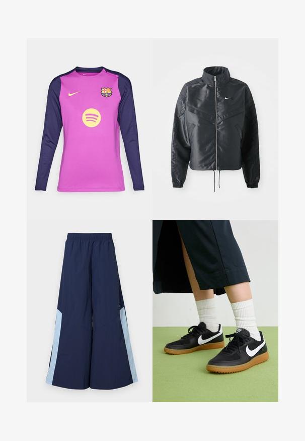 Crna kratka jakna s visokim ovratnikom, zatvaranjem na patentni zatvarač, elastinim rukavima i bijelim Nike logom. Glatka, sjajna tkanina s lagano teksturiranom površinom.; Majica dugih rukava za nogomet s roza tijelom i tamnoplavim rukavima, izrađena od tkanine koja odvodi vlagu. Ispred se nalazi logo Barcelone i Spotify.; Morski široki hlače s elastičnim pojasom, s svijetloplavim bočnim panelima i glatkom teksturom. Dizajnirane za udobnost i lakoću kretanja.; Crne kožne i sintetičke tenisice s bijelim Nike swooshom, gumeni potplat, okrugli vrh i crne vezice. Vidljive rebraste bijele čarape.