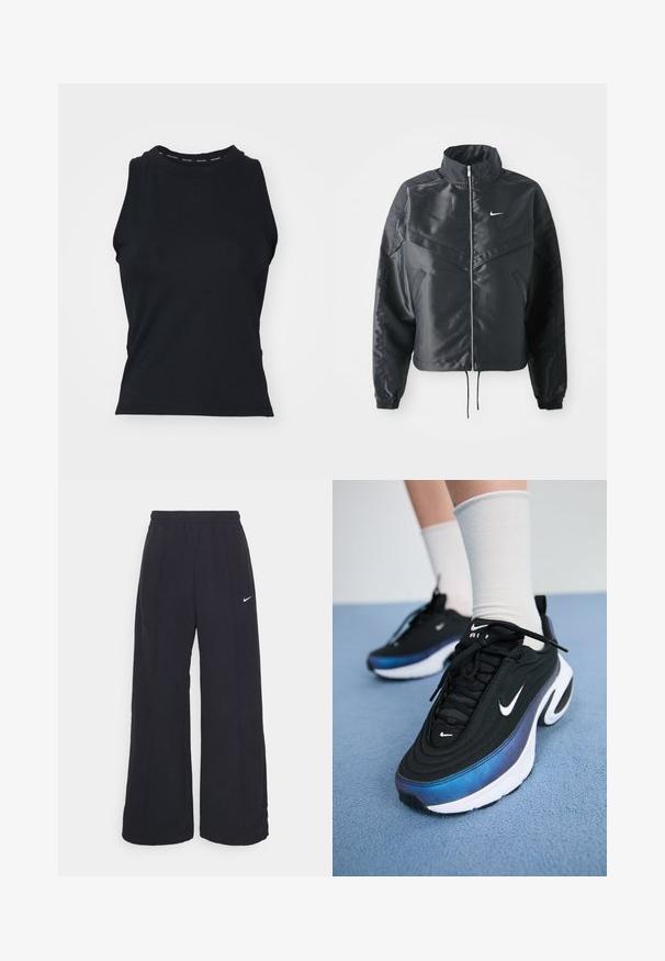 Black cropped jacket with high collar, zip closure, elastane cuffs, and a white Nike logo. Smooth, shiny fabric with a slightly textured surface.; Black sleeveless top with a high neckline. Made from a smooth, stretchy fabric featuring a logo printed on the collar. Minimalist design.; Black wide-leg pants with an elastic waistband and a small white Nike logo. Fabric has a smooth texture, designed for comfort and casual wear.; Black Nike sneakers with a smooth fabric upper, featuring a gradient blue-to-black design, white sole, and prominent logo accents.