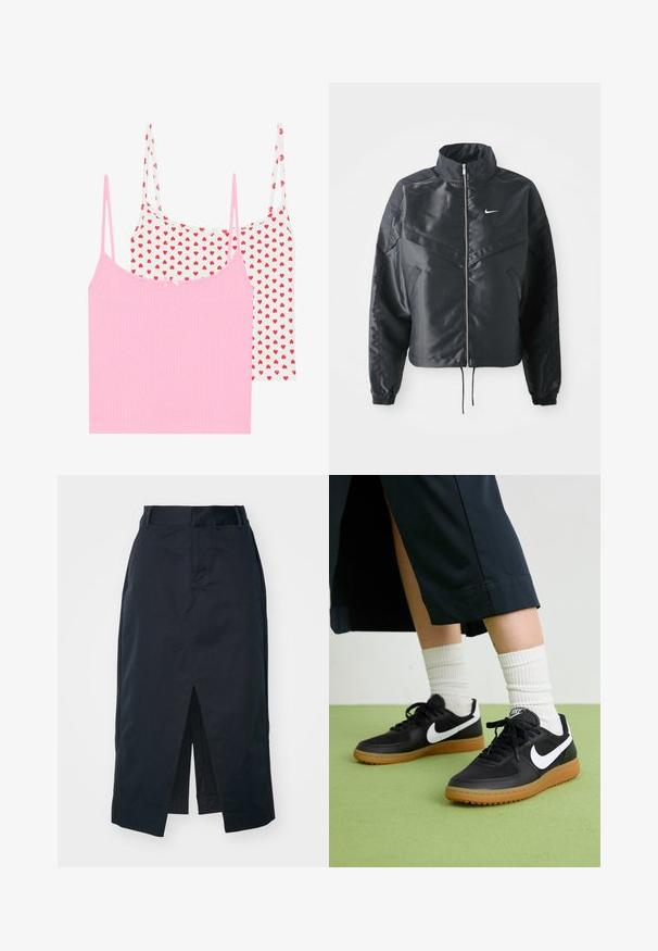 Sort cropped jakke med høj krave, lynlås lukning, elastiske manchetter og et hvidt Nike-logo. Glat, blankt stof med en let struktureret overflade.; To sæt toppe: en ensfarvet pink med ribbet tekstur, og en hvid med rødt hjerteprint. Hver har tynde stropper og en lille dekorativ sløjfe.; Mørkeblå midi-skirt lavet af en bomuldsblanding, med en frontslids, en skjult lynlås og sidelommer for funktionalitet.; Sorte læder- og syntetiske sneakers med hvid Nike swoosh, gummisål, rund tå og sorte snørebånd. Ribbede hvide sokker synlige.