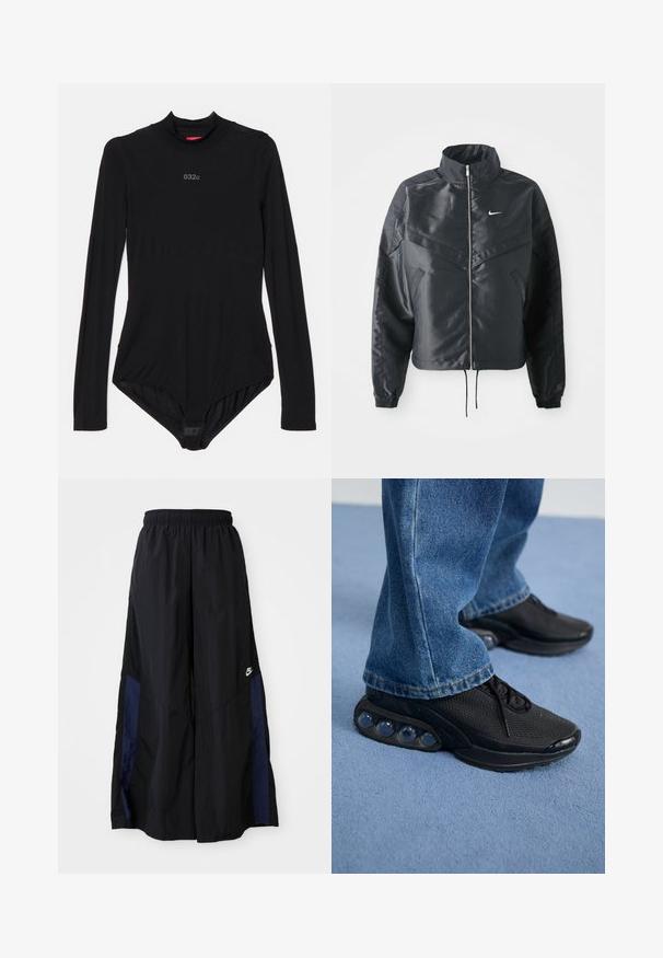 Svart cropped jakke med høy krage, glidelåsåpning, elastiske mansjetter og en hvit Nike-logo. Glatt, shiny stoff med en lett teksturert overflate.; Svart langermet body laget av elastisk stoff, med høy hals, subtil merking på brystet og trykknapper nederst.; Svarte vide bukser laget av lett stoff, med et marineblått sidestykke og elastisk midjebånd. Liten hvit logo nederst.; Svart treningssko med mesh-overdel, teksturerte detaljer og synlige luftputepoder i sålen. Bærer med blå denimjeans.