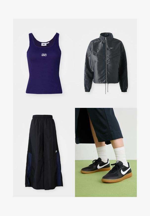 Casaco preto curto com colarinho alto, fecho de zip, punhos em elastano e um logótipo Nike branco. Tecido suave e brilhante com uma superfície ligeiramente texturizada.; Camisola de alças canelada azul marinho com design sem mangas, apresentando um pequeno logótipo bordado em branco no peito e um decote redondo.; Calças largas pretas feitas de tecido leve, com um painel lateral azul-marinho e cintura elástica. Pequeno logótipo branco na parte inferior.; Sapatilhas pretas em couro e sintético com o logo da Nike em branco, sola de borracha tipo goma, bico redondo e atacadores pretos. Meias brancas com frunces visíveis.