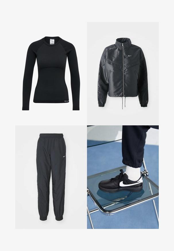 Czarna krótka kurtka z wysokim kołnierzem, zamek błyskawiczny, ściągacze z elastanu i białe logo Nike. Gładki, błyszczący materiał o lekko teksturowanej powierzchni.; Czarny długi rękaw bluzka o dopasowanym kroju, wykonana z textured materiału. Posiada raglanowe rękawy i subtelne logo wzdłuż dolnego brzegu.; Czarne spodnie dresowe Nike wykonane z lekkiego materiału, z elastycznym paskiem w talii i mankietami, z małym białym logo na lewym nogawce.; Czarne sneakersy Nike z białymi akcentami, charakteryzujące się gładką skórzaną teksturą, zawiązywaną konstrukcją i zaokrąglonym noskiem, umieszczone na szklanym krześle.