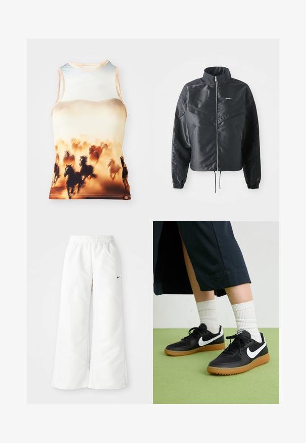 Chaqueta negra corta con cuello alto, cierre de cremallera, puños de elastano y un logo de Nike en blanco. Tejido suave y brillante con una superficie ligeramente texturizada.; Camiseta sin mangas con un estampado de caballos corriendo en tonos marrón y crema, hecha de una tela suave con un escote redondeado y un diseño ajustado.; Pantalones deportivos blancos de diseño de pierna ancha, con cintura elástica y un pequeño logo negro de Nike en el lado izquierdo. Material suave y ligero.; Zapatillas de cuero negro y sintético con el swoosh blanco de Nike, suela de goma, punta redonda y cordones negros. Calcetines blancos acanalados visibles.