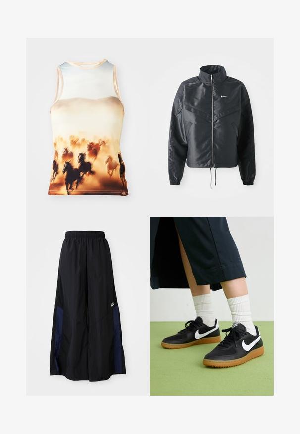 Sort cropped jakke med høj krave, lynlås lukning, elastiske manchetter og et hvidt Nike-logo. Glat, blankt stof med en let struktureret overflade.; Ærmeløs tanktop med et print af løbende heste i brune og cremefarvede nuancer, lavet af glat stof med rund halsudskæring og tætsiddende design.; Sorte vide benbukser lavet af letvægtsstof, med et marineblåt sidepanel og en elastisk talje. Lille hvidt logo nederst.; Sorte læder- og syntetiske sneakers med hvid Nike swoosh, gummisål, rund tå og sorte snørebånd. Ribbede hvide sokker synlige.