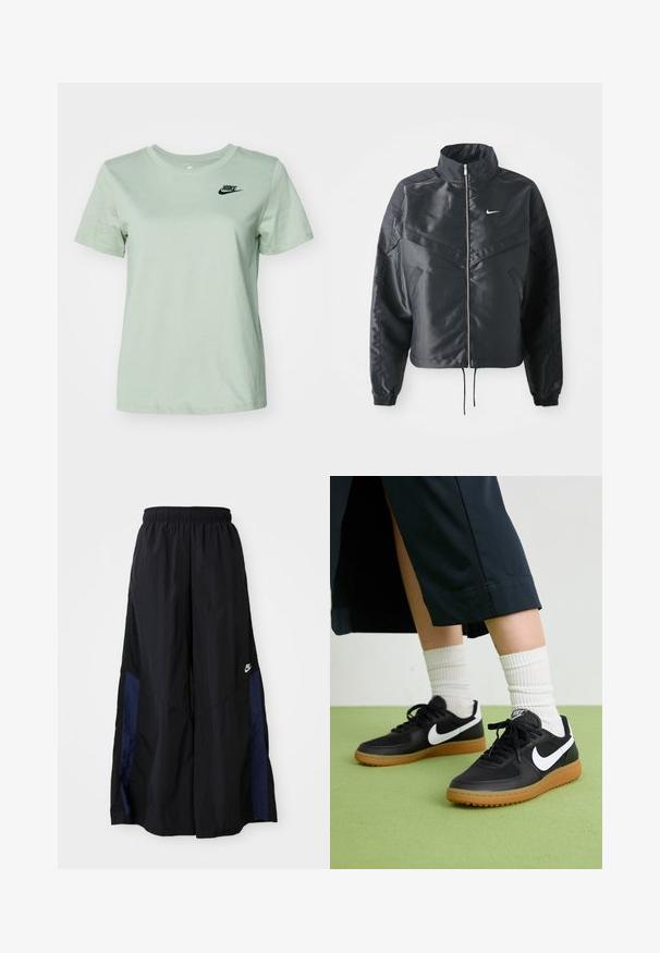 Čierna skrátená bunda s vysokým golierom, zipsovým uzatváraním, elastickými manžetami a bielym logom Nike. Hladká, lesklá tkanina s mierne textúrovaným povrchom.; Nike Sportswear CLUB TEE - Základné tričko - jade horizon; Čierne voľné nohavice vyrobené z ľahkého materiálu, s námorníckym modrým postranným panelom a elastickým pásom. Malé biele logo na spodnej časti.; Čierne kožené a syntetické tenisky so bielym logom Nike, gumenou podrážkou, okrúhlou špičkou a čiernymi šnúrkami. Viditeľné biele pruhované ponožky.