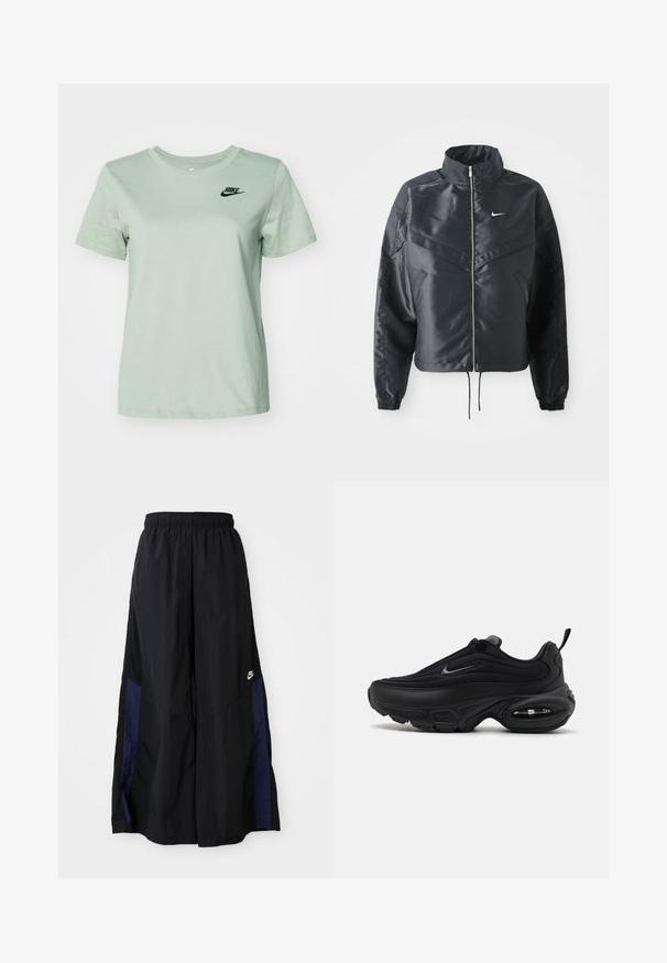 Casaco preto curto com colarinho alto, fecho de zip, punhos em elastano e um logótipo Nike branco. Tecido suave e brilhante com uma superfície ligeiramente texturizada.; Nike Sportswear CLUB TEE - T-shirt básica - jade horizon; Calças largas pretas feitas de tecido leve, com um painel lateral azul-marinho e cintura elástica. Pequeno logótipo branco na parte inferior.; Sapatilha atlética preta com um upper liso e texturizado. Apresenta um bico redondo, colarinho almofadado e amortecimento de ar visível na sola.