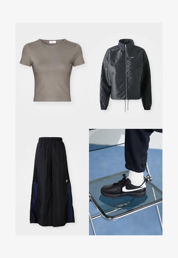 Black cropped jacket with high collar, zip closure, elastane cuffs, and a white Nike logo. Smooth, shiny fabric with a slightly textured surface.; Short-sleeve, crew-neck T-shirt in taupe, made from smooth cotton. Features a fitted design and fine stitching along the hem and sleeves.; Black wide-leg pants made of lightweight fabric, featuring a navy blue side panel and an elastic waistband. Small white logo on bottom.; Black Nike sneakers with white accents, featuring a smooth leather texture, lace-up design, and rounded toe, positioned on a glass chair.