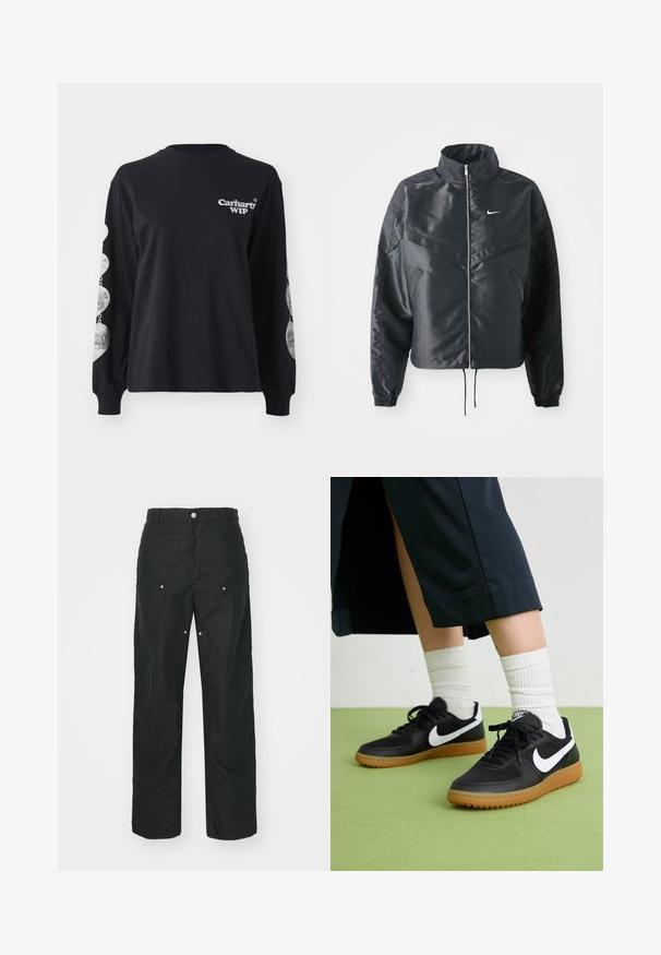 Zwarte cropped jack met hoge kraag, ritsluiting, elastische manchetten en een wit Nike-logo. Glad, glanzend materiaal met een licht gestructureerd oppervlak.; Zwarte langarm T-shirt gemaakt van katoen, met het "Carhartt WIP" logo op de voorkant en grafische prints langs de mouwen.; Zwarte broek met een rechte pijpdesign, gemaakt van een textuurstof. Bevat decoratieve zilveren hardware en unieke naaddetails.; Zwarte leren en synthetische sneakers met witte Nike swoosh, rubberen gumzool, ronde neus en zwarte veters. Geribbelde witte sokken zichtbaar.