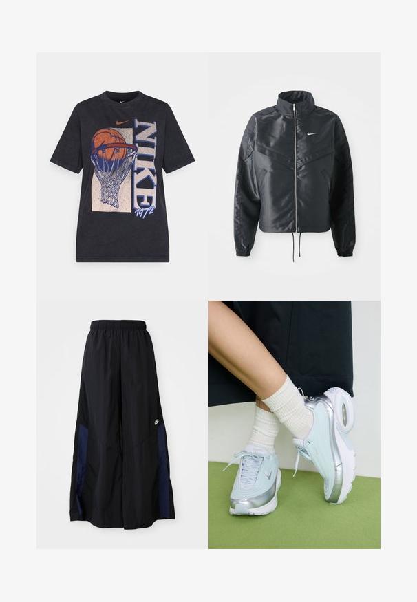 Fekete, rövidített dzseki magas gallérral, cipzáras záródással, elasztikus mandzsettákkal, és fehér Nike logóval. Simább, fényes anyag, enyhén textúrázott felülettel.; Fekete pamut póló, amelyen egy kosárlabda van egy gyűrűben, mellette a "NIKE" és "1972" felirat. Rövid ujjú és kerek nyakú dizájn.; Fekete, bő szárú nadrág könnyű anyagból, tengerészkék oldalsó panellel és elasztikus derékkal. Kicsi fehér logó az alján.; Világoskék sportcipő ezüst díszítésekkel, texturált felső résszel, párnázott talppal és látható levegő egységgel. Fehér bordázott zoknival párosítva.