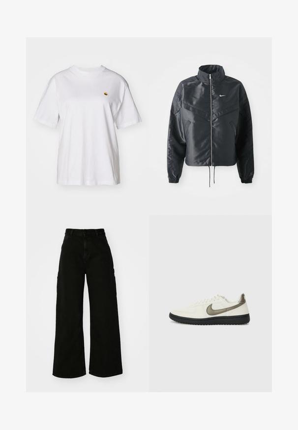 Čierna skrátená bunda s vysokým golierom, zipsovým uzatváraním, elastickými manžetami a bielym logom Nike. Hladká, lesklá tkanina s mierne textúrovaným povrchom.; Biely bavlnený tričko s voľným strihom, krátkymi rukávmi a malým vyšitým logom na ľavej strane hrude.; Čierne cargo nohavice s širokými nohavicami vyrobené z denimu, so zvýšeným pásom, predným zapínaním na gombík a bočnými vreckami. Hladký povrch s minimálnym šitím.; Nike Sportswear FIELD GENERAL - Tenisky - off-white/black