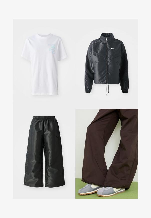Melna apgriezta jaka ar augstu apkakli, rāvējslēdzēja aizdari, elastīna aprocēm un baltu Nike logo. Gluda, spīdīga auduma ar nedaudz teksturētu virsmu.; Balta kokvilnas T-krekla ar īsām piedurknēm, kuram kreisajā krūtīs ir gaiši zils attēls ar palmu un viļņiem.; Melnas sporta bikses ar spīdīgu, gludu audumu, aprīkotas ar elastīgu jostu, platām kājām un mazu logotipu kreisajā pusē.; Brūni platleği bikses ar gludu tekstūru un sānu šuvēm, kopā ar pelēkām un baltām retro stila sporta kurpēm ar gumijas zoli.