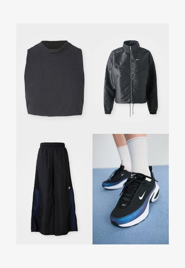 Casaco preto curto com colarinho alto, fecho de zip, punhos em elastano e um logótipo Nike branco. Tecido suave e brilhante com uma superfície ligeiramente texturizada.; Top cropped com textura em azul escuro, apresentando um decote alto e um discreto logo da Nike. O tecido tem uma aparência texturizada e elástica.; Calças largas pretas feitas de tecido leve, com um painel lateral azul-marinho e cintura elástica. Pequeno logótipo branco na parte inferior.; Sapatilhas Nike pretas com um upper de tecido suave, apresentando um design em gradiente de azul para preto, sola branca e acentos de logotipo proeminentes.