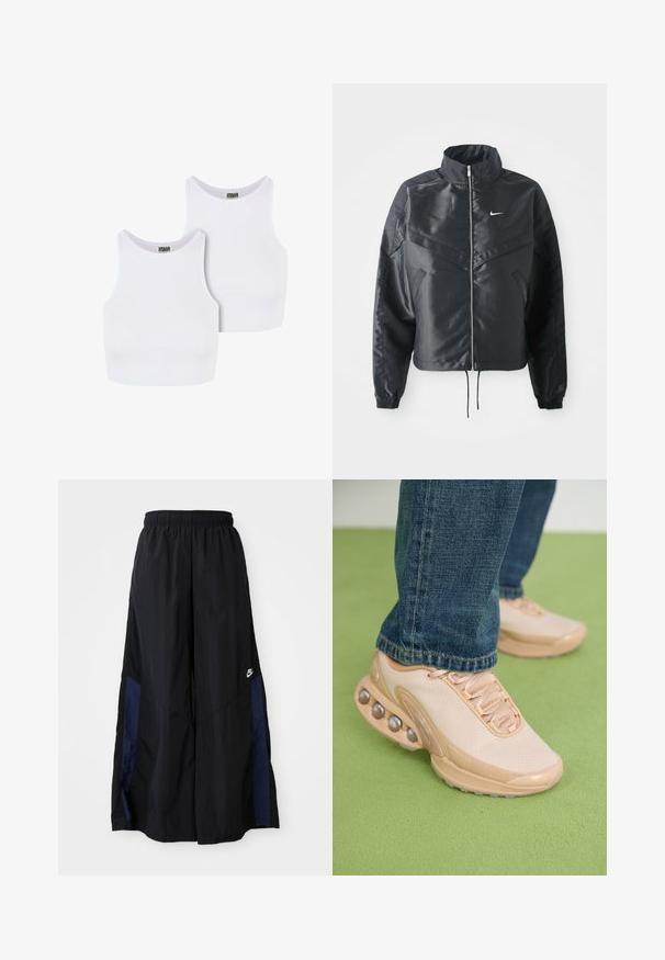 Schwarze, verkürzte Jacke mit hohem Kragen, Reißverschluss, Elastan-Ärmeln und einem weißen Nike-Logo. Glattes, glänzendes Material mit leicht strukturiertem Oberflächeneffekt.; Zwei weiße Baumwoll-Crop-Tops mit gerippter Textur, runden Ausschnitten und ärmellosem Design. Auf den Etiketten steht "URBAN CLASSICS."; Schwarze weit geschnittene Hose aus leichtem Stoff, mit einem dunkelblauen Seitenpanel und einem elastischen Bund. Kleines weißes Logo am unteren Ende.; Helle beige Sportschuhe verfügen über ein Obermaterial aus Mesh, eine Gummisohle und abgerundete Akzente mit metallischen Details. Tragen Sie sie mit blauen Jeans auf einer grünen Fläche.