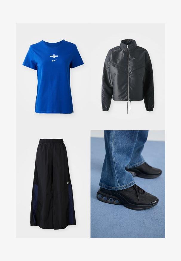 Juoda trumpa striukė su aukštu coloru, užtrauktuku, elastaniniu rankogaliu ir balta Nike logotipu. Lygus, blizgus audinys su šiek tiek tekstūruotu paviršiumi.; Mėlynas medvilnės marškinėlis su apvalia iškirpte, trumpomis rankovėmis ir baltu Nike logotipu bei "ENG" tekstu priekyje.; Juodos plačios kojų kelnės, pagamintos iš lengvos medžiagos, su tamsiai mėlyna šonine juostele ir elastinga juosmens juosta. Maža balta logotipo etikete apačioje.; Juodi sportiniai bateliai su tinkliniu viršumi, tekstūruotais akcentais ir matomais oro pagalvėmis pado viduje. Dėvimi su mėlynais džinsais.