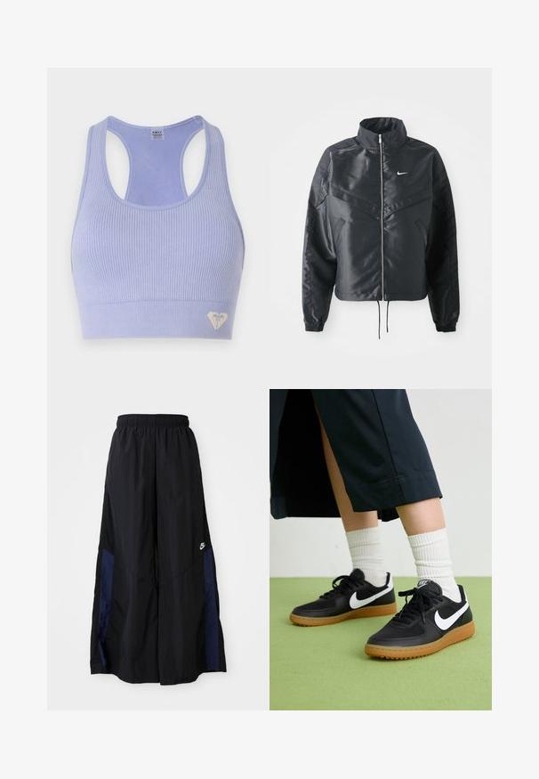 Veste noire courte avec col haut, fermeture éclair, poignets en élasthanne et logo Nike blanc. Tissu lisse et brillant avec une surface légèrement texturée.; Soutien-gorge de sport côtelé violet clair avec une encolure dégagée et un dos nageur, arborant un petit logo en forme de cœur dans le coin inférieur.; Pantalons larges noirs en tissu léger, avec un panneau latéral bleu marine et une taille élastique. Petit logo blanc en bas.; Baskets noires en cuir et synthétique avec le swoosh blanc de Nike, semelle en caoutchouc, bout rond et lacets noirs. Chaussettes blanches côtelées visibles.