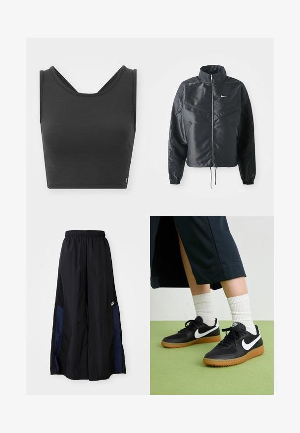 Schwarze, verkürzte Jacke mit hohem Kragen, Reißverschluss, Elastan-Ärmeln und einem weißen Nike-Logo. Glattes, glänzendes Material mit leicht strukturiertem Oberflächeneffekt.; Schwarzes Crop-Top aus strukturiertem Stoff, mit breiten Trägern und einem V-förmigen Rückendesign. Hat eine minimalistische Ästhetik und ein dezentes Logo-Detail.; Schwarze weit geschnittene Hose aus leichtem Stoff, mit einem dunkelblauen Seitenpanel und einem elastischen Bund. Kleines weißes Logo am unteren Ende.; Schwarze Leder- und synthetische Sneakers mit weißem Nike-Swoosh, Gummisohle, runder Spitze und schwarzen Schnürsenkeln. Gestreifte weiße Socken sind sichtbar.