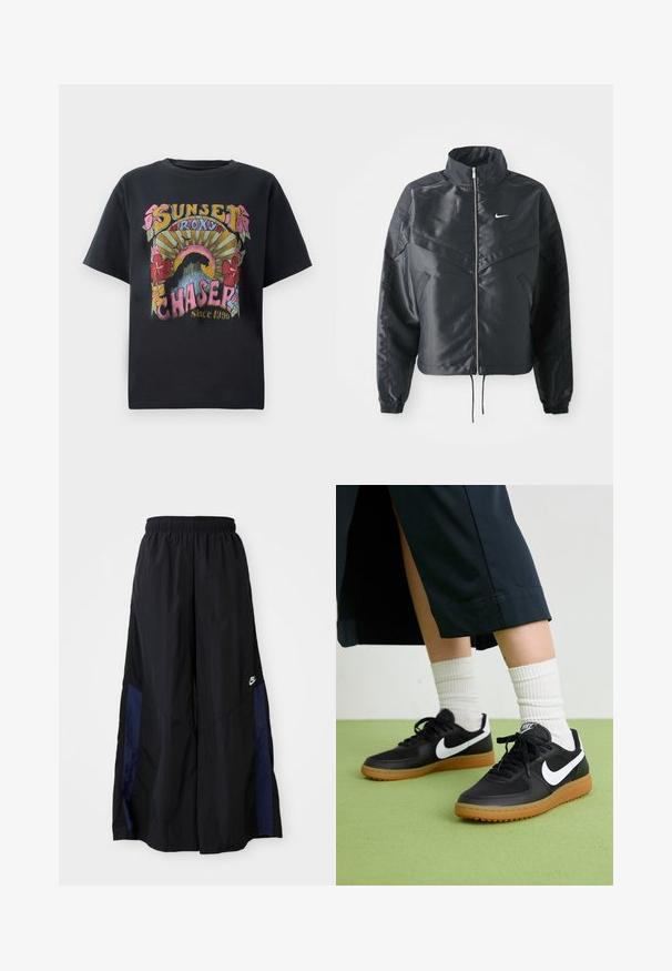 Must kolledžiga must lühike jope, millel on lukuga sulgus, elastne mansett ja valge Nike logo. Sile, läikiv kangas, millel on veidi tekstureeritud pind.; Musta puuvillane T-särk, millel on värvikas graafiline disain, kus on lilled, päikesekiired ja tekst "SUNSET ROXY CHASER Since 1990", mis on silmapaistvalt esitatud.; Mustad laiad mustad püksid kergest kangast, millel on tumesinine külgpaneel ja elastne vöökoht. Väike valge logo allservas.; Mustad nahast ja sünteetilised sneekerid valge Nike logoga, kummist gumme, ümar nina ja mustad paelad. Näha ribakujulisi valgeid sokke.
