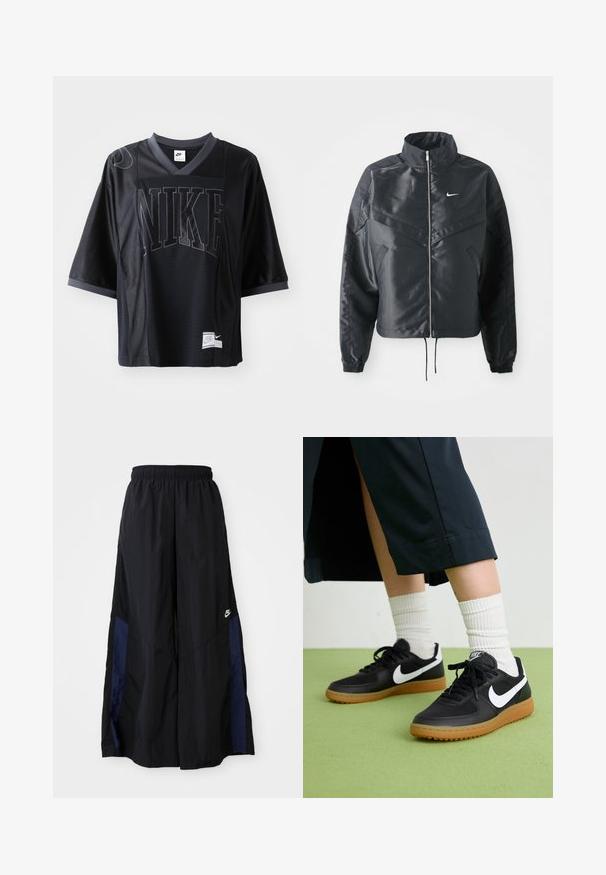 Fekete, rövidített dzseki magas gallérral, cipzáras záródással, elasztikus mandzsettákkal, és fehér Nike logóval. Simább, fényes anyag, enyhén textúrázott felülettel.; Fekete, rövid ujjú Nike mez V-nyakkal, texturált hálós részletekkel és kiemelkedő logóval az elülső részen. Texturált anyag és laza fazon.; Fekete, bő szárú nadrág könnyű anyagból, tengerészkék oldalsó panellel és elasztikus derékkal. Kicsi fehér logó az alján.; Fekete bőr és szintetikus sneakers, fehér Nike logo-val, gumi talppal, kerek orral és fekete fűzővel. Csíkos fehér zokni látható.