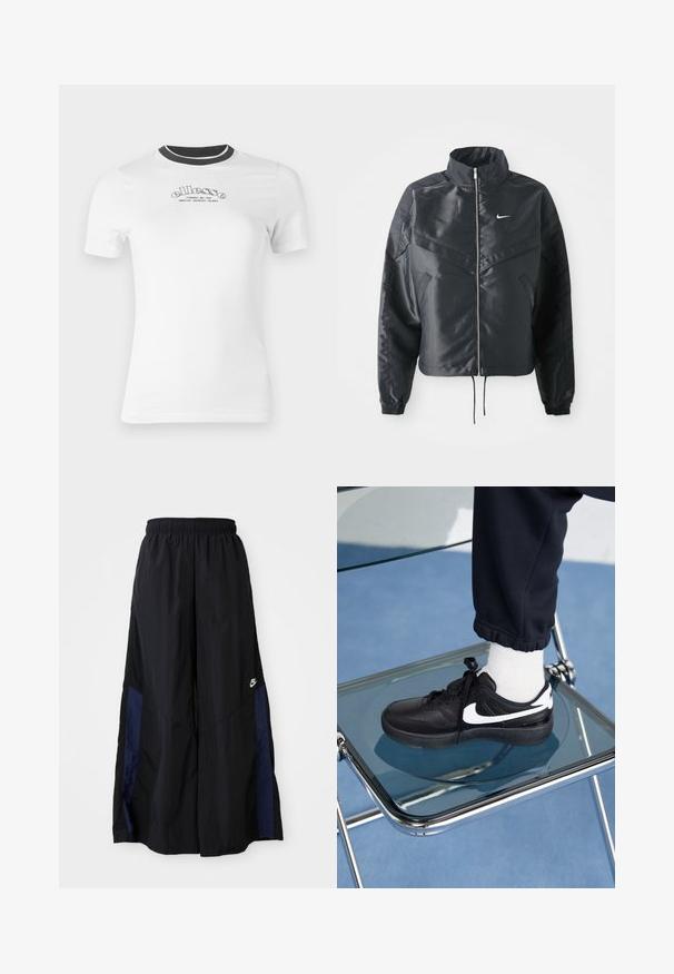 Black cropped jacket with high collar, zip closure, elastane cuffs, and a white Nike logo. Smooth, shiny fabric with a slightly textured surface.; White short-sleeve t-shirt with a black ribbed crew neck. Features "ellesse" logo in black script across the chest. Soft cotton material.; Black wide-leg pants made of lightweight fabric, featuring a navy blue side panel and an elastic waistband. Small white logo on bottom.; Black Nike sneakers with white accents, featuring a smooth leather texture, lace-up design, and rounded toe, positioned on a glass chair.