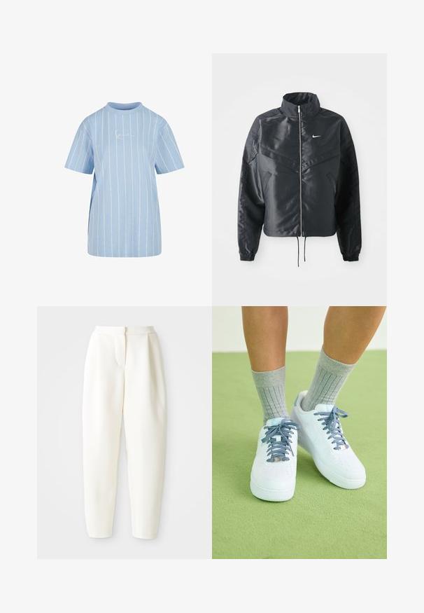 Melna apgriezta jaka ar augstu apkakli, rāvējslēdzēja aizdari, elastīna aprocēm un baltu Nike logo. Gluda, spīdīga auduma ar nedaudz teksturētu virsmu.; Gaiši zils T-krekls ar horizontālām baltām svītrām, īsām piedurknēm, augstu apkakli un smalku izšuvumu priekšpusē.; Augstas jostas līnijas, sašaurināti balti bikses ar slēptu priekšējo aizdari un sānu kabatām, attēloti uz vienkrāsaina balta fona.; Baltas ādas kedas ar ziliem akcentiem, perforēta purngala dizains un teksturētas zili un baltas šņores, valkātas ar pelēkiem ribotiem zeķēm.