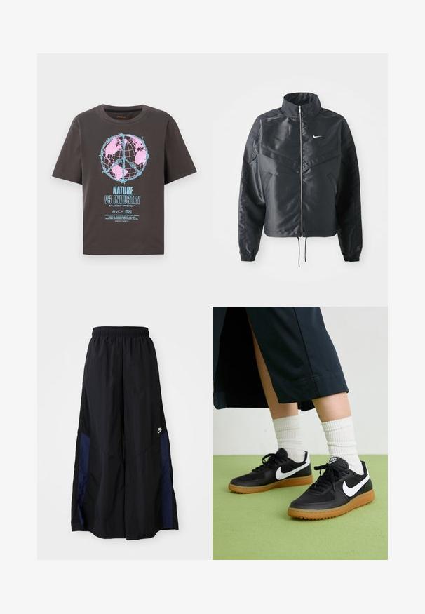 Svart cropped jakke med høy krage, glidelåsåpning, elastiske mansjetter og en hvit Nike-logo. Glatt, shiny stoff med en lett teksturert overflate.; Mørkegrå t-skjorte med korte ermer, med et fargerikt globedesign i rosa og blått, og teksten "NATUR VS INDUSTRI" i fet skrift.; Svarte vide bukser laget av lett stoff, med et marineblått sidestykke og elastisk midjebånd. Liten hvit logo nederst.; Sorte lær- og syntetiske joggesko med hvit Nike swoosh, gummisåle, rund tå og sorte lisser. Ribbet hvite sokker synlige.