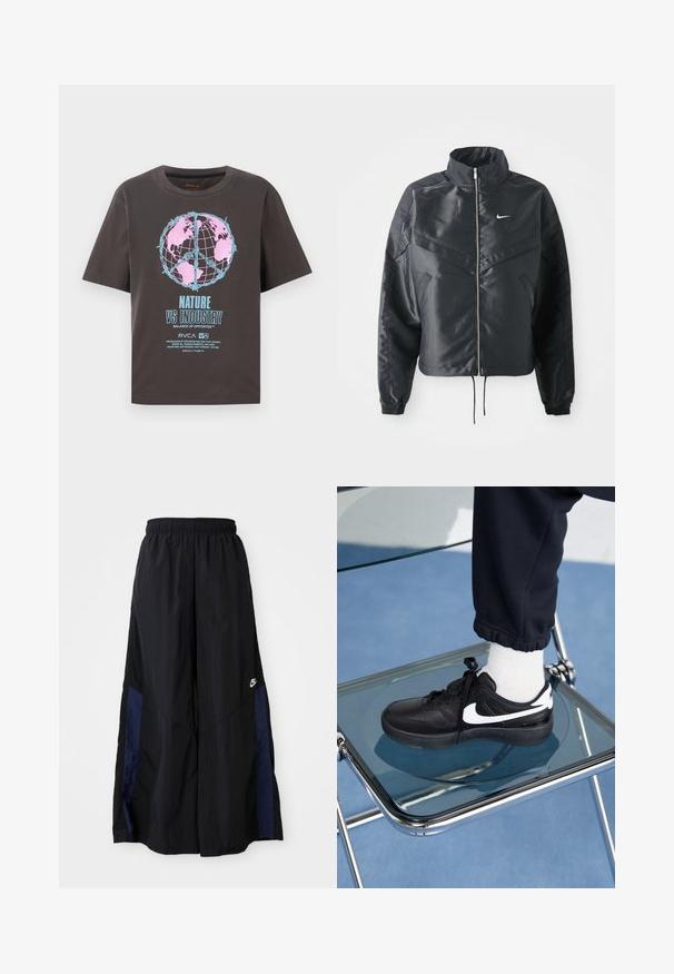 Schwarze, verkürzte Jacke mit hohem Kragen, Reißverschluss, Elastan-Ärmeln und einem weißen Nike-Logo. Glattes, glänzendes Material mit leicht strukturiertem Oberflächeneffekt.; Dunkelgraues T-Shirt mit kurzen Ärmeln, das ein farbenfrohes Globus-Design in Pink und Blau zeigt, sowie den Text "NATUR GEGEN INDUSTRIE" in fetter Schrift.; Schwarze weit geschnittene Hose aus leichtem Stoff, mit einem dunkelblauen Seitenpanel und einem elastischen Bund. Kleines weißes Logo am unteren Ende.; Schwarze Nike-Sneaker mit weißen Akzenten, die über eine glatte Ledertextur, ein Schnürdesign und eine abgerundete Zehenform verfügen, platziert auf einem Glasstuhl.