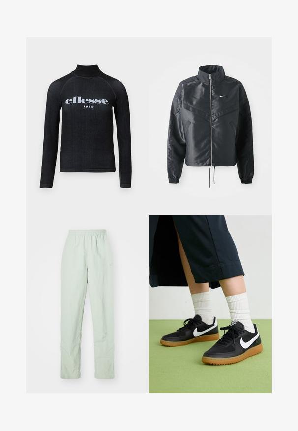 Black cropped jacket with high collar, zip closure, elastane cuffs, and a white Nike logo. Smooth, shiny fabric with a slightly textured surface.; Black long-sleeve top with a high collar, featuring a white printed "ellesse 1959" logo across the chest; smooth, stretchy fabric.; Light green, lightweight pants with an elastic waistband. Straight leg design, featuring minimal texture and a subtle logo detail.; Black leather and synthetic sneakers with white Nike swoosh, rubber gum sole, round toe, and black laces. Ribbed white socks visible.
