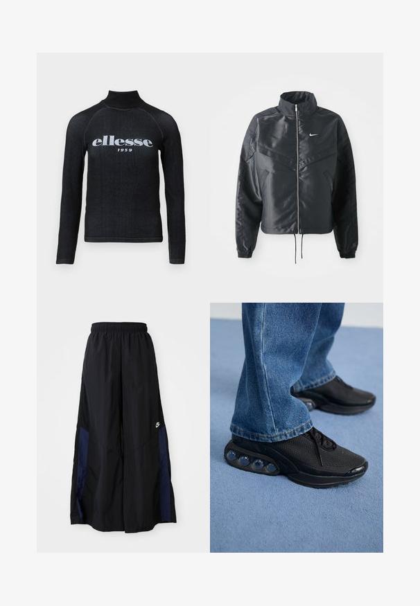 Črna skrajšana jakna z visokim ovratnikom, zadrgo, elastan rokavi in belim logotipom Nike. Gladek, sijoč material z rahlo teksturirano površino.; Črn dolg rokav majica z visokim ovratnikom, ki ima na prsih bel tiskani logo "ellesse 1959"; gladek, elastičen material.; Črne široke hlače iz lahkega materiala, z morsko modrim stranskim panelom in elastičnim pasom. Majhna bela oznaka na dnu.; Črne športne superge z mrežastim zgornjim delom, teksturiranimi poudarki in vidnimi zračnimi blazinicami v podplatu. Obute z modrimi kavbojkami.