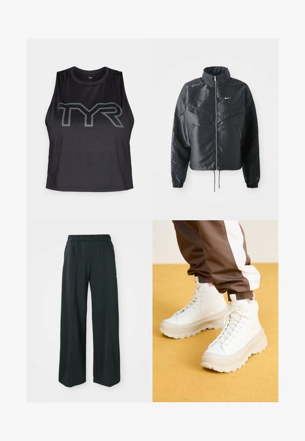Fekete, rövidített dzseki magas gallérral, cipzáras záródással, elasztikus mandzsettákkal, és fehér Nike logóval. Simább, fényes anyag, enyhén textúrázott felülettel.; Fekete ujjatlan sportfelső hálós anyagból, amelynek elején egy hangsúlyos szürke TYR logó található. Kerek nyakkivágás és laza szabás jellemzi.; Fekete, bővülő szárú sportnadrág rugalmas derékkal. Simaság és rugalmasság jellemzi, finom elülső varrásokkal és zsebek nélkül.; Fehér, magasszárú sportcipők, vastag, texturált talppal, sima bőr felsőrésszel, kerek orral és azonos színű fűzőkkel, sárga háttér előtt.