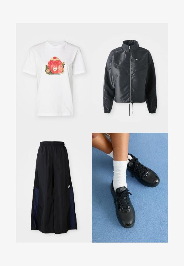 Zwarte cropped jack met hoge kraag, ritsluiting, elastische manchetten en een wit Nike-logo. Glad, glanzend materiaal met een licht gestructureerd oppervlak.; Witte katoenen t-shirt met een kleurrijke illustratie van een dessert met een kers bovenop en bloemenaccenten, gecentreerd op de voorkant.; Zwarte wijdlopende broek van lichtgewicht stof, met een marineblauwe zijpaneel en een elastische tailleband. Klein wit logo onderaan.; Zwarte Nike sneakers hebben een gestructureerde bovenkant, glanzende accenten en ronde veters. Ze zijn gecombineerd met witte geribde sokken op een lichtblauwe ondergrond.