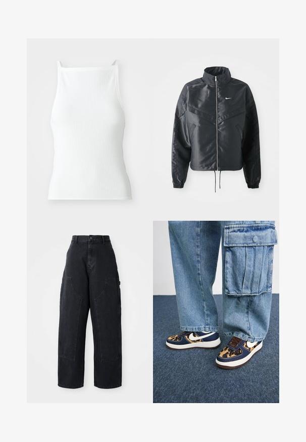 Black cropped jacket with high collar, zip closure, elastane cuffs, and a white Nike logo. Smooth, shiny fabric with a slightly textured surface.; White ribbed tank top with thin straps, featuring a fitted design and smooth texture. The fabric appears elastic and lightly structured.; Black denim wide-leg cargo pants with a high waist, two large front pockets, and a button closure at the waist. Smooth texture, casual design.; Navy blue sneakers with leopard print accents, white Nike swoosh, brown laces, and white midsole. Paired with light denim cargo pants.