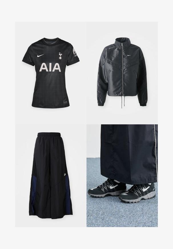Melna apgriezta jaka ar augstu apkakli, rāvējslēdzēja aizdari, elastīna aprocēm un baltu Nike logo. Gluda, spīdīga auduma ar nedaudz teksturētu virsmu.; Melnas futbola krekls ar režģa rakstu, ar apaļu apkakli, īsām piedurknēm un Nike un Tottenham Hotspur logotipiem.; Melni plata kāju bikses no viegla auduma, ar tumši zilu sānu paneli un elastīgu jostu. Mazs balts logotips apakšā.; Melnas sporta kurpes ar teksturētu augšdaļu, sudraba akcentiem un zīmējuma zoli, apvienotas ar melnu garu apģērbu. Fons ir zils paklājs.