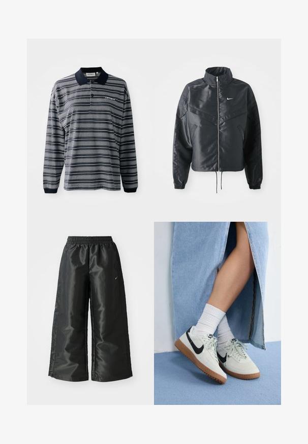 Svart cropped jakke med høy krage, glidelåsåpning, elastiske mansjetter og en hvit Nike-logo. Glatt, shiny stoff med en lett teksturert overflate.; Langermet polo shirt i marineblå og hvite striper, i bomull, med krage, tre-knappers placket, og en liten brodert logo på brystet.; Svarte treningsbukser med en blank, glatt stoff, som har et elastisk liv, vide ben og en liten logo på venstre side.; Nike-sneakers med overdel i lys grå semsket skinn, svart swoosh-logo og såle av gummigummi. Brukt med hvite ribbede sokker og et blått denimskjørt.