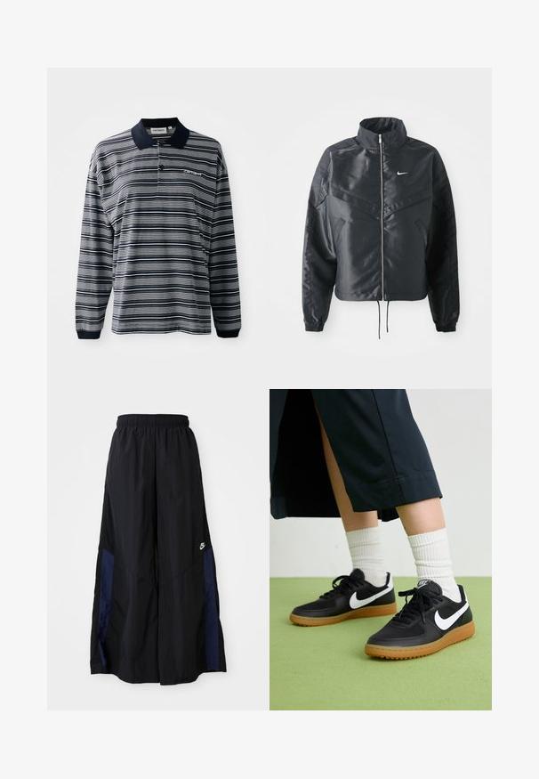 Must kolledžiga must lühike jope, millel on lukuga sulgus, elastne mansett ja valge Nike logo. Sile, läikiv kangas, millel on veidi tekstureeritud pind.; Tumes varrukatega polo särk tumesiniste ja valgete triipudega, puuvillane materjal, krae, kolme nupuga avaus ja väike tikand rinnal.; Mustad laiad mustad püksid kergest kangast, millel on tumesinine külgpaneel ja elastne vöökoht. Väike valge logo allservas.; Mustad nahast ja sünteetilised sneekerid valge Nike logoga, kummist gumme, ümar nina ja mustad paelad. Näha ribakujulisi valgeid sokke.