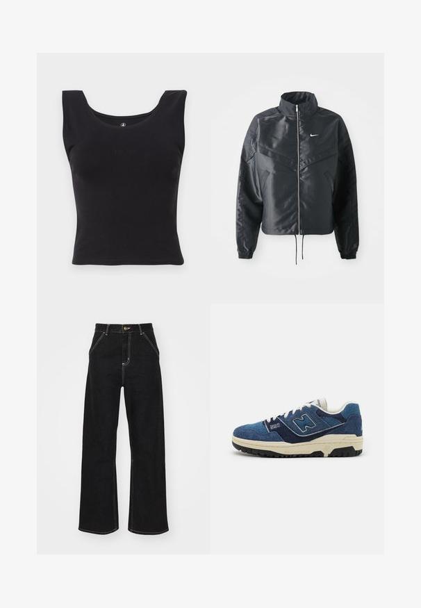 Schwarze, verkürzte Jacke mit hohem Kragen, Reißverschluss, Elastan-Ärmeln und einem weißen Nike-Logo. Glattes, glänzendes Material mit leicht strukturiertem Oberflächeneffekt.; Schwarzes ärmelloses Tanktop aus Baumwolle mit Rundhalsausschnitt und tailliertem Schnitt. Dezent geprägtes "Volcom"-Logo auf der Vorderseite.; Schwarze weit geschnittene Jeans aus Denim, mit kontrastierenden weißen Nähten und einem vorderen Knopfverschluss, ausgestattet mit zwei schrägen Fronttaschen.; Blaue Wildledersneaker mit kontrastierenden marineblauen Einsätzen, weißen Schnürsenkeln und einer strukturierten schwarzen Gummisohle. Modellnummer "550" auf der Seite angezeigt.