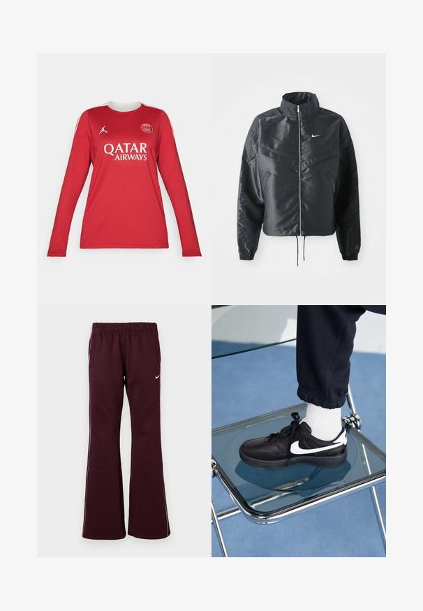 Mustat lyhyet takit, joissa on korkea kaulus, vetoketjukiinnitys, elastaanista valmistetut hihan suut ja valkoinen Nike-logo. Sileä, kiiltävä kangas, jossa on hieman tekstuuria.; Punainen pitkähihainen paita, joka on valmistettu synteettisestä kankaasta, mukana valkoinen kaulus ja sivu raidat, painettuina Qatar Airwaysin ja Pariisin logot.; Marooneilla urheiluhousuilla on levenevä malli, joustava vyötärö ja sivutaskut. Niissä on valkoinen pipaus ja pieni logo edessä.; Mustat Nike-tennarit valkoisilla yksityiskohdilla, joissa on sileä nahkapinta, nauhakiinnitys ja pyöreä varvas, aseteltuna lasituolille.