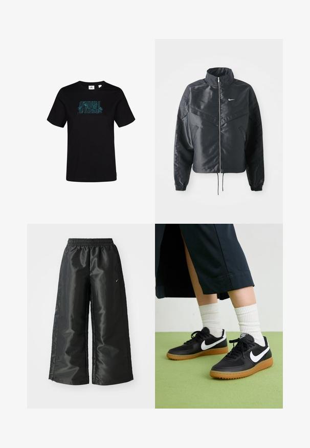 Melna apgriezta jaka ar augstu apkakli, rāvējslēdzēja aizdari, elastīna aprocēm un baltu Nike logo. Gluda, spīdīga auduma ar nedaudz teksturētu virsmu.; Melnas kokvilnas T-krekliņš ar turkoza grafisko izdruku "O'Neill" ar ziedu akcentiem. Īsas piedurknes un apaļas kakla izgriezums.; Melnas sporta bikses ar spīdīgu, gludu audumu, aprīkotas ar elastīgu jostu, platām kājām un mazu logotipu kreisajā pusē.; Melna āda un sintētiska materiāla sporta apavi ar baltu Nike logo, gumijas zole, apaļa purngala forma un melni šņores. Redzamas ribotas baltas zeķes.